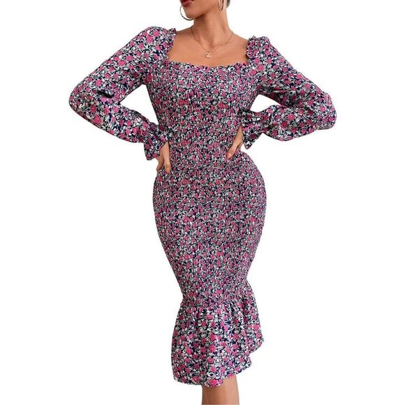 NEW PRETTYGARDEN Square Neck Ruffle Mermaid Smocked Dress M - Picture 1 of 6